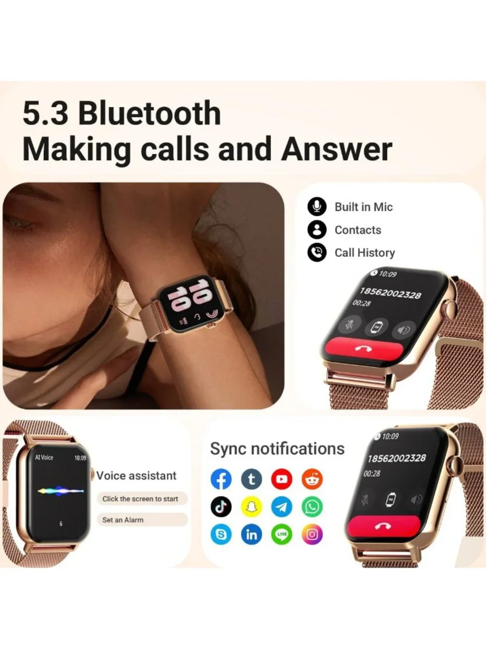Stylish 1.83'' HD Smart Watch for Women, Fitness Tracker, Heart Rate Monitor